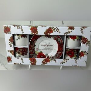 Grace TeaWare Poinsettia Plaid Holiday Espresso Cups & Saucers New in Box